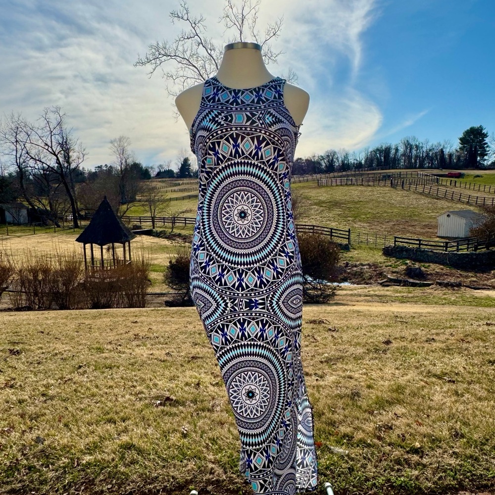 INC International Concepts Blue, Black and White Sleeveless Halter Maxi Dress